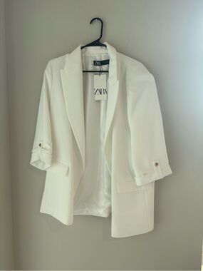 Zara White Women's Open-Front Tailored Blazer